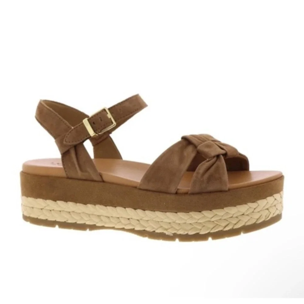 UGG Women Neusch‎ Espadrille Platform Sandals Tan Suede Knot Detail Size 11